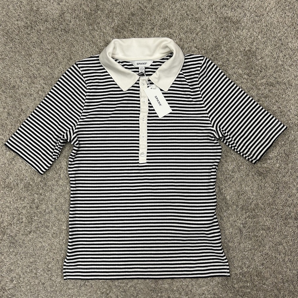 Spanx Rib Polo Top Womens Small Black White Stripe Stretch New with Tags NWT - Picture 2 of 9